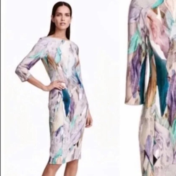 H&M QUARTER SLEEVE PRINTED WATERCOLOR DRESS SIZE 4 - Picture 1 of 8